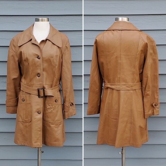 Vintage 70s Boho Camel Tan Honey Leather Button Front Belted Midi Trench Coat Sm - Picture 1 of 8